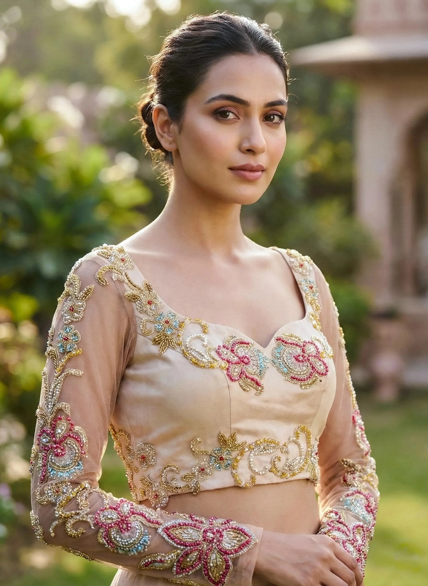 Cream embroidered designer saree blouse with sheer sleeves and beadwork by Sol By Smitha Dubai