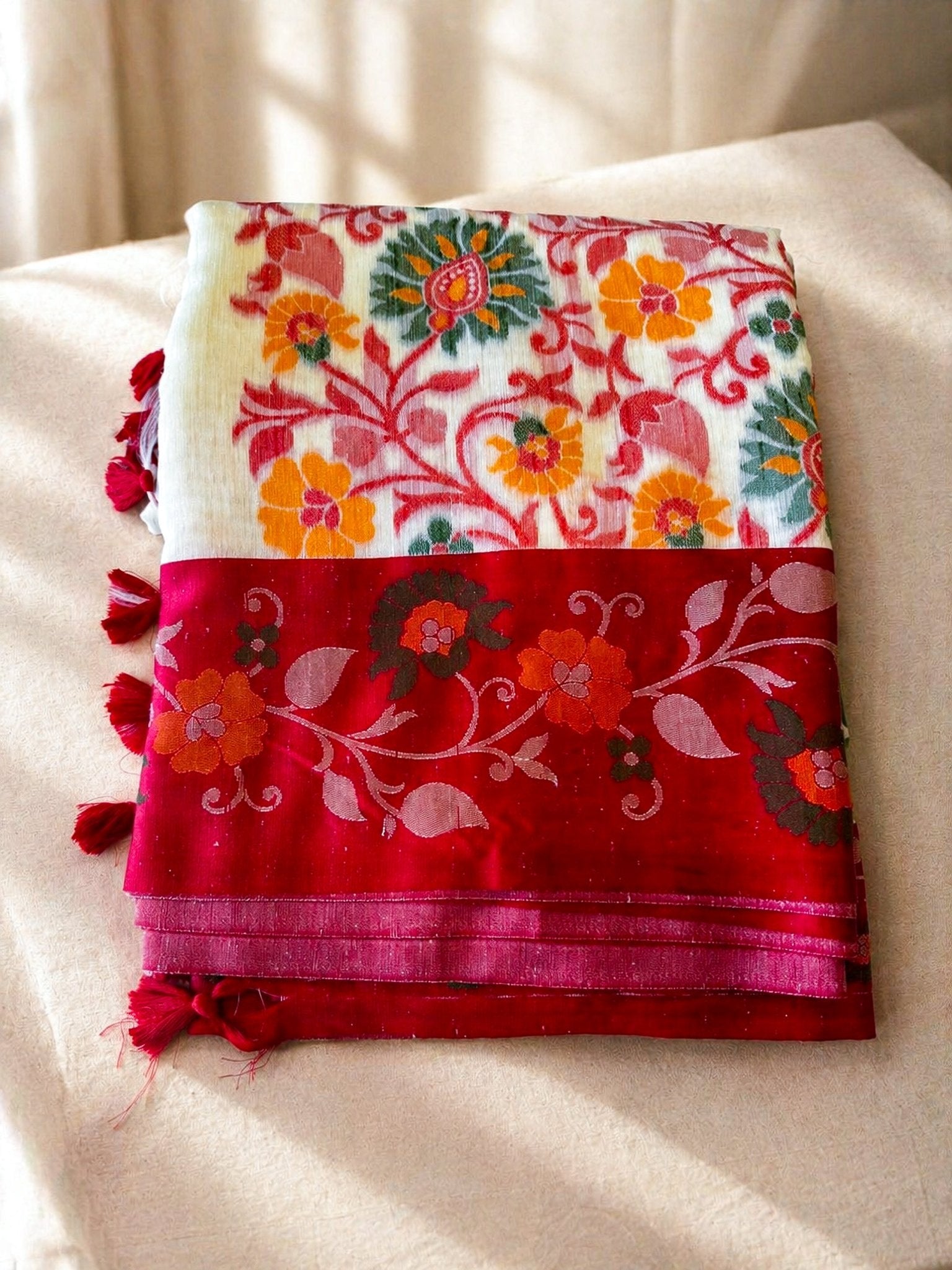 Cream & Red Floral Printed Saree | Lightweight Casual & Festive Saree - SOL BY SMITHA