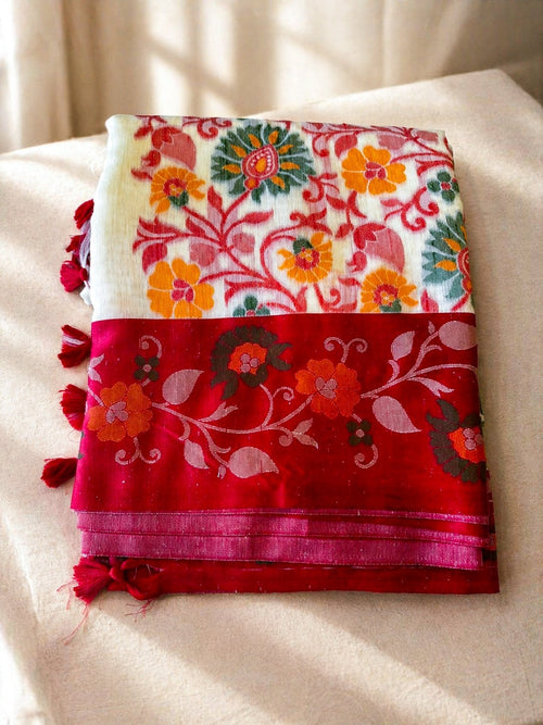 Cream & Red Floral Printed Saree | Lightweight Casual & Festive Saree - SOL BY SMITHA