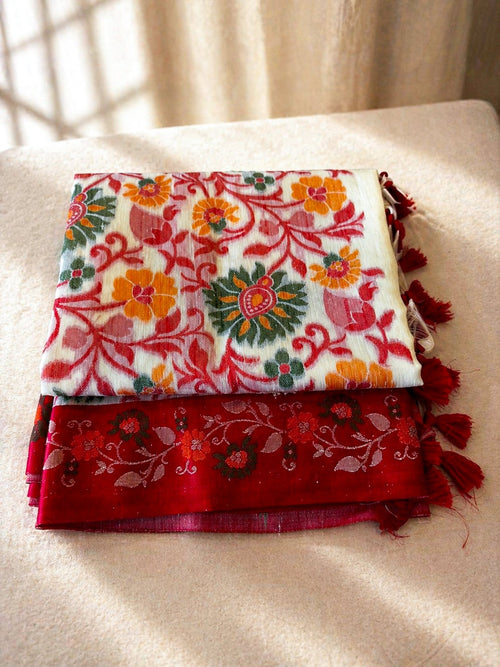 Cream & Red Floral Printed Saree | Lightweight Casual & Festive Saree - SOL BY SMITHA
