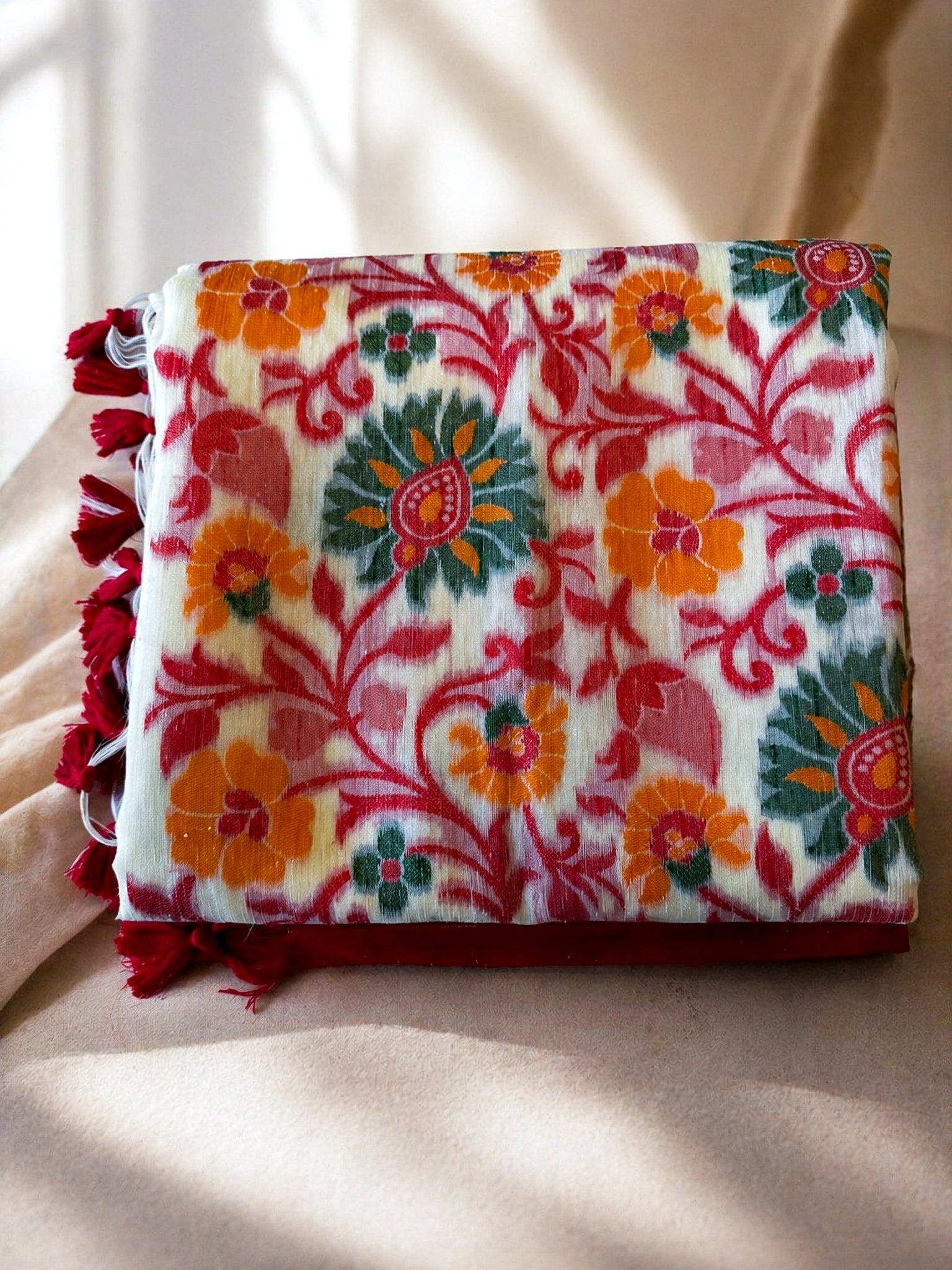 Cream & Red Floral Printed Saree | Lightweight Casual & Festive Saree - SOL BY SMITHA