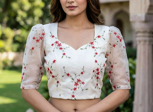 Cream - Red Thread Work Blouse - SOL BY SMITHA