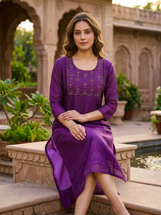Elegant Purple Kurti for Women with Embroidery - SOL BY SMITHA