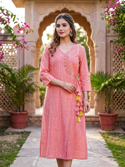 Elegant Side Tie Kurti for Women | Peach Wrap Style Kurta - SOL BY SMITHA