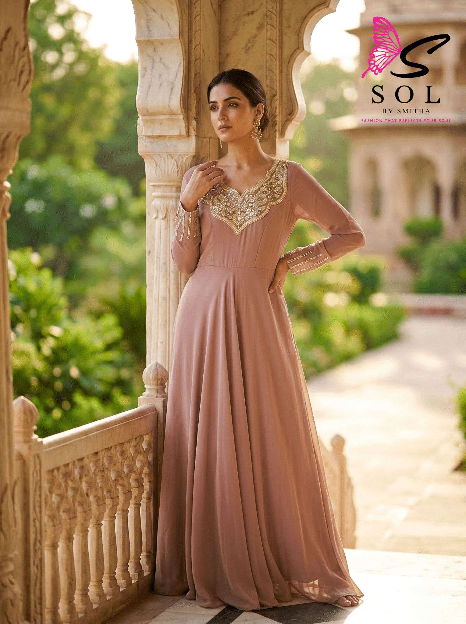 Embroidered Neck Georgette Gown - SOL BY SMITHA
