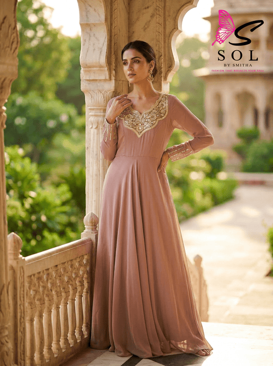 Embroidered Neck Georgette Gown - SOL BY SMITHA