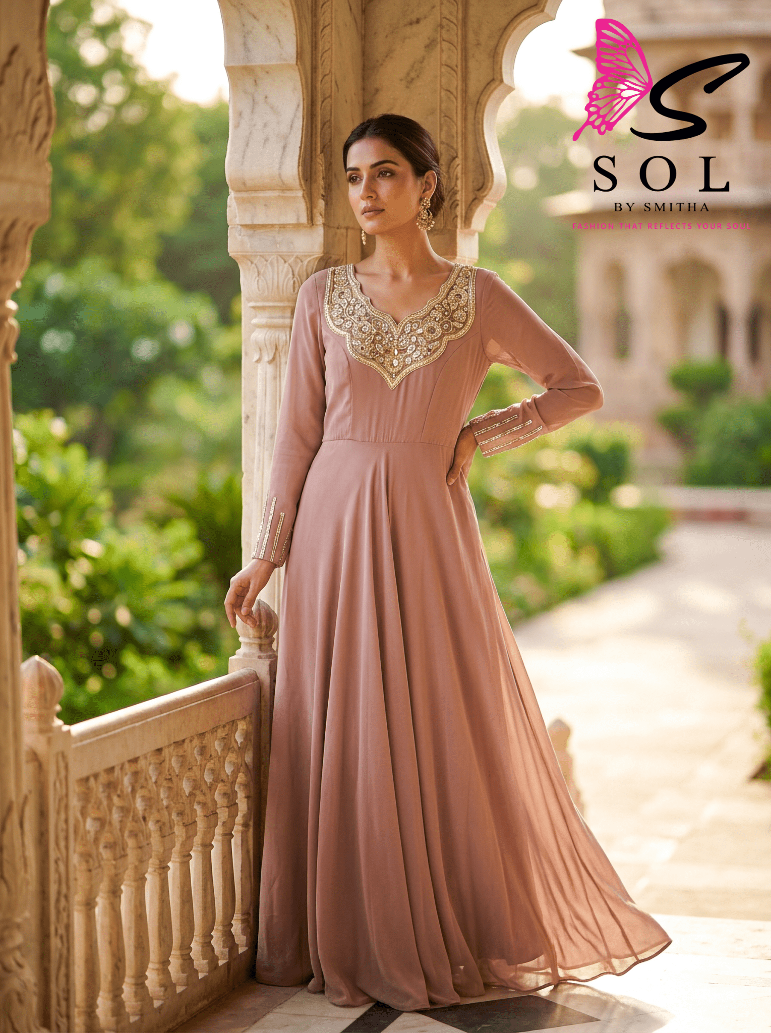 Embroidered Neck Georgette Gown - SOL BY SMITHA
