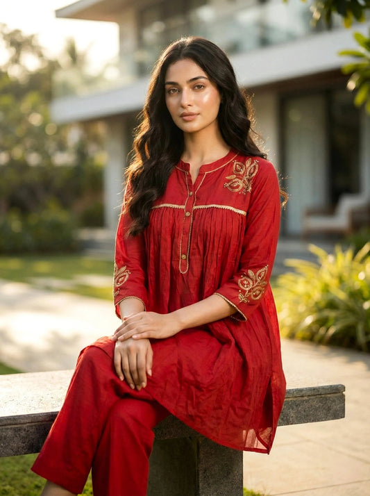 Embroidered Short Kurta Coord Set with Straight Pants - SOL BY SMITHA