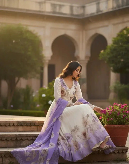 Floral Cream Anarkali with Lavender Dupatta - SOL BY SMITHA