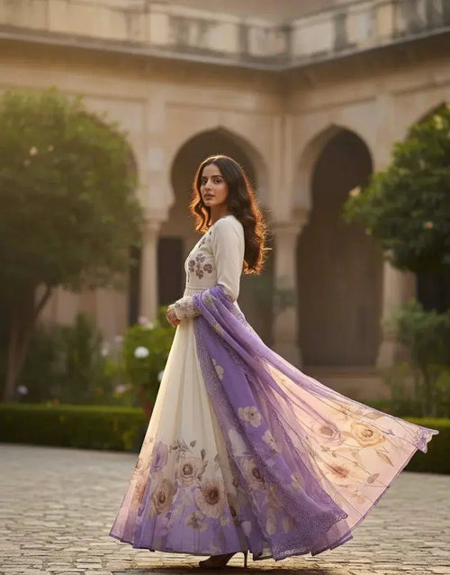Floral Cream Anarkali with Lavender Dupatta - SOL BY SMITHA