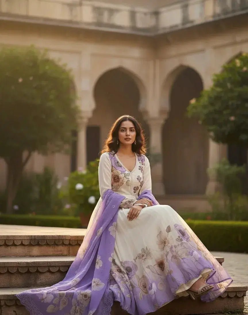 Floral Cream Anarkali with Lavender Dupatta - SOL BY SMITHA