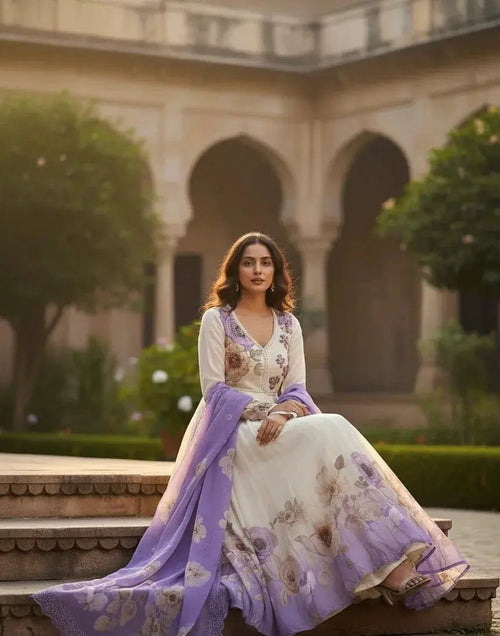 Floral Cream Anarkali with Lavender Dupatta - SOL BY SMITHA