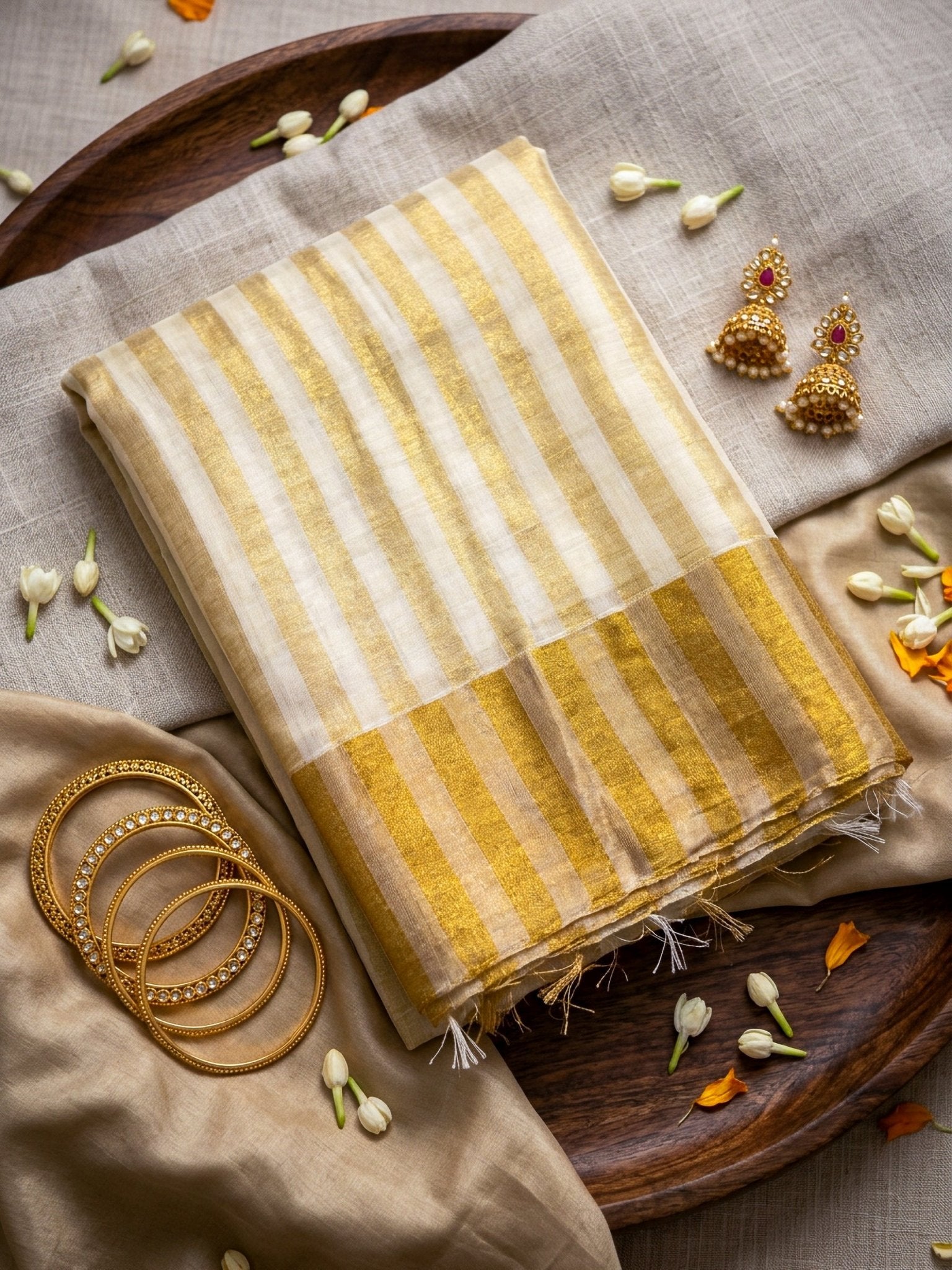 Gold Striped Tissue Silk Saree in Dubai | Elegant Ivory & Gold Party Wear Saree - SOL BY SMITHA