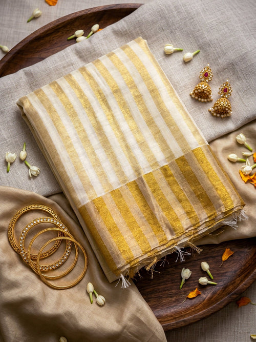 Gold Striped Tissue Silk Saree in Dubai | Elegant Ivory & Gold Party Wear Saree - SOL BY SMITHA