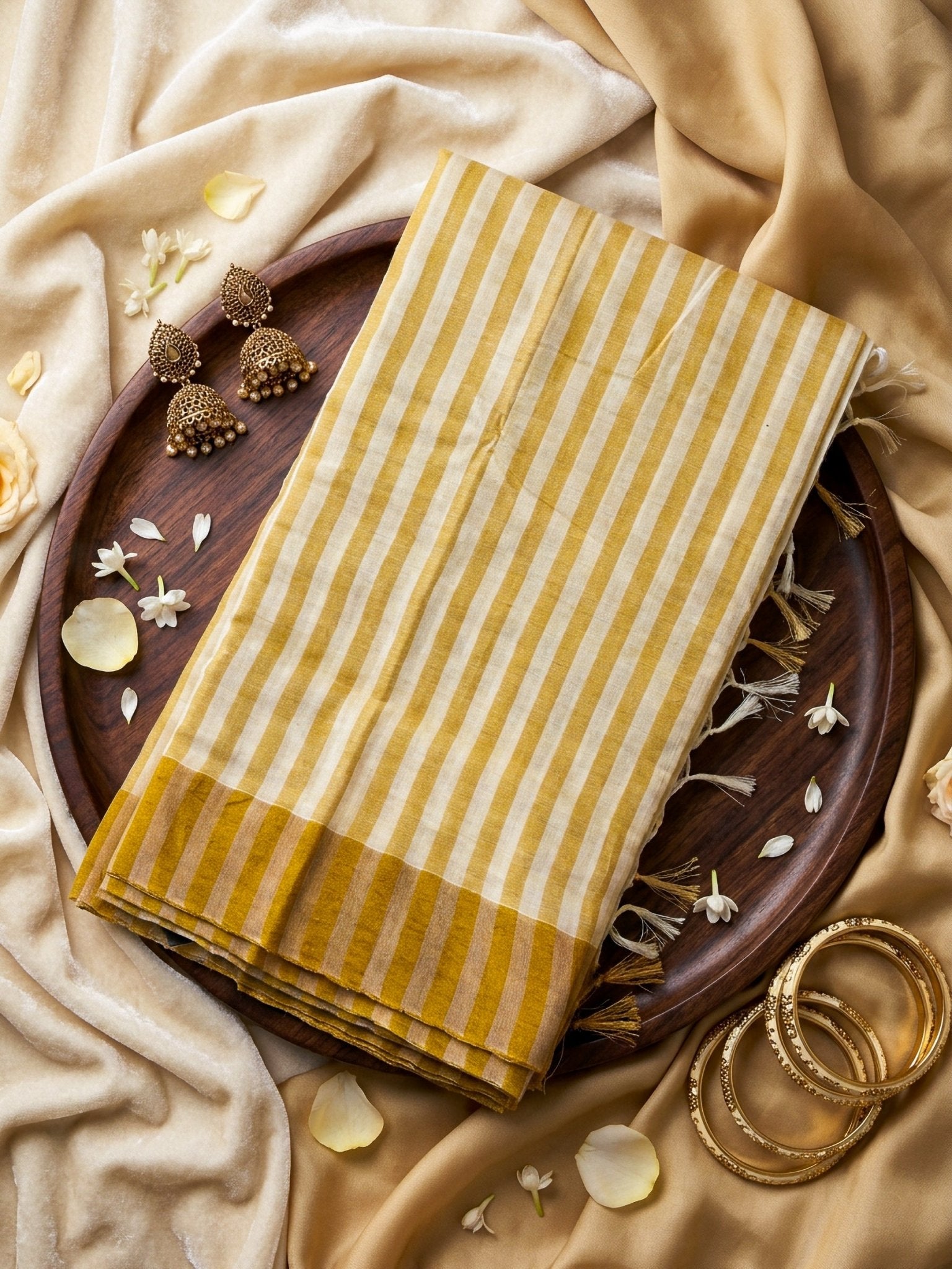 Gold Striped Tissue Silk Saree in Dubai | Elegant Ivory & Gold Party Wear Saree - SOL BY SMITHA