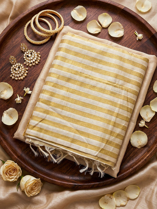 Gold Striped Tissue Silk Saree in Dubai | Elegant Ivory & Gold Party Wear Saree - SOL BY SMITHA