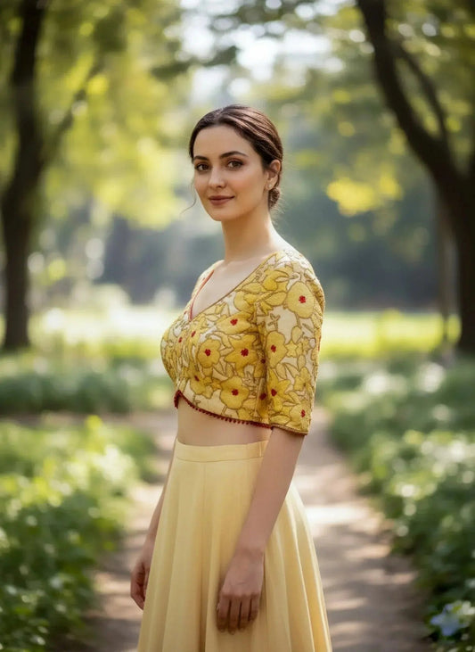 Golden floral embroidery saree blouse with elbow sleeves by Sol By Smitha Dubai
