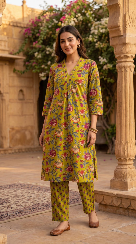 Green 2-piece cotton coord set by SOL BY SMITHA featuring a comfortable top and matching pants.