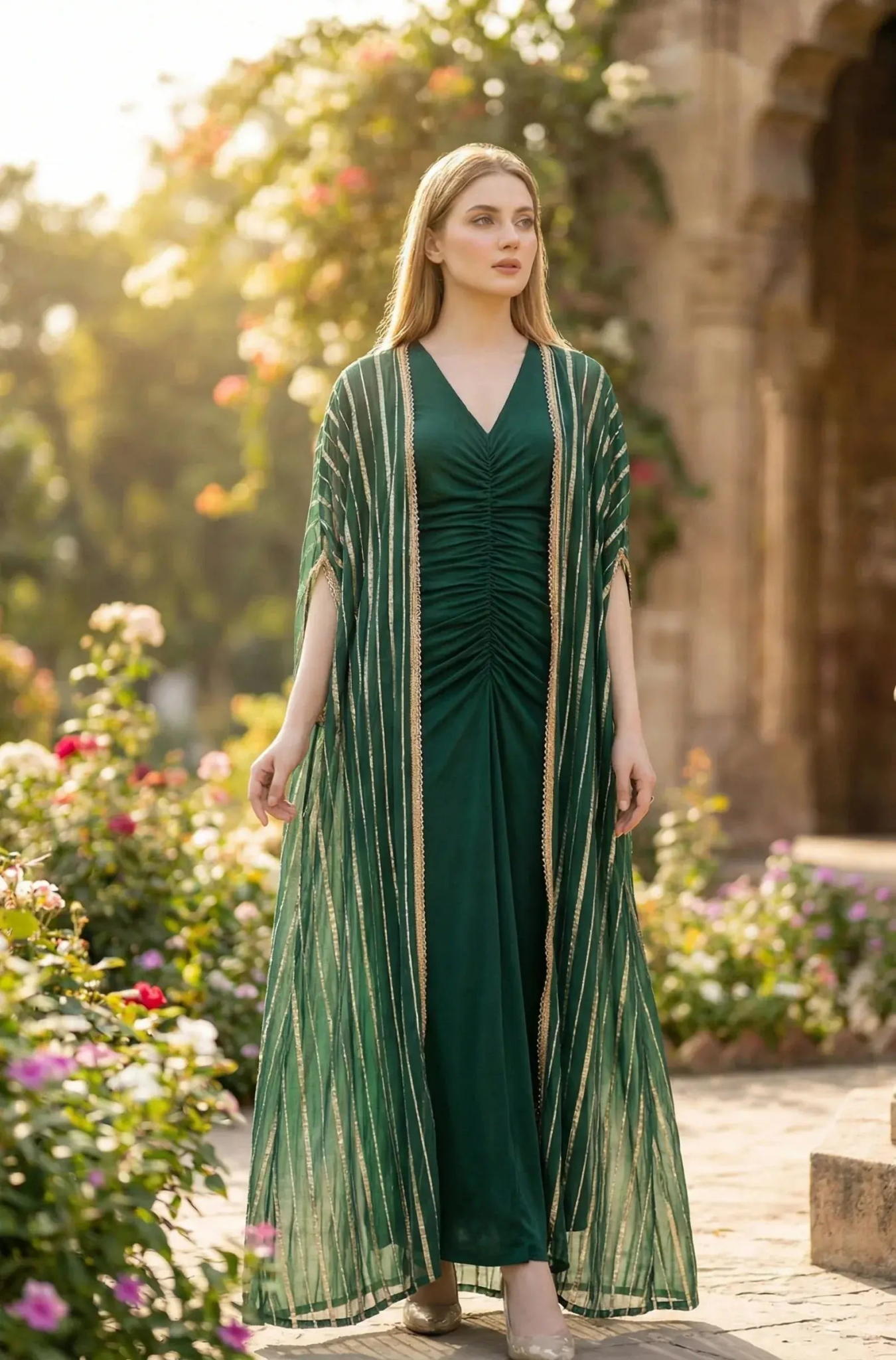 Green Cape Gown Set - SOL BY SMITHA