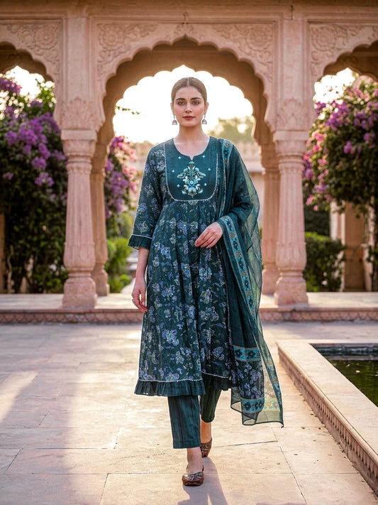 Green Printed Cotton 3 Piece Suit for Women with Dupatta | Elegant Ethnic Wear - SOL BY SMITHA