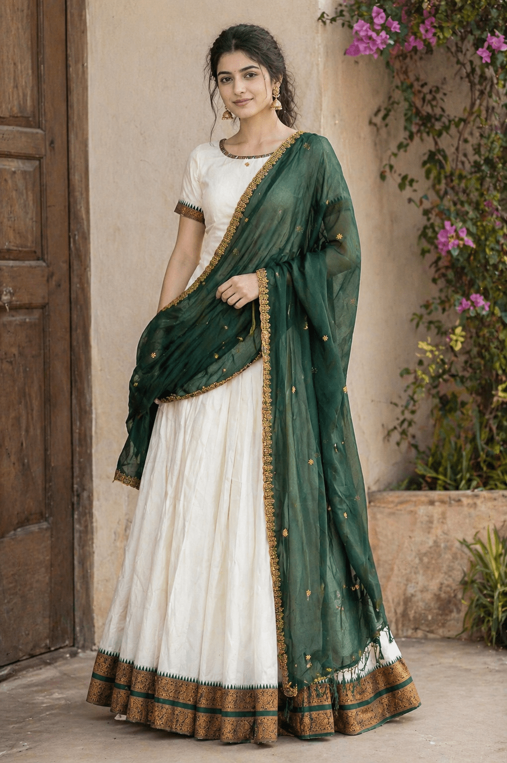Green Unstitched Davani Set with Organza Dupatta | Half Saree Fabric - SOL BY SMITHA