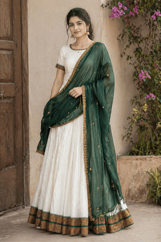 Green unstitched Davani set with organza dupatta from SOL BY SMITHA, featuring half saree fabric and traditional design.