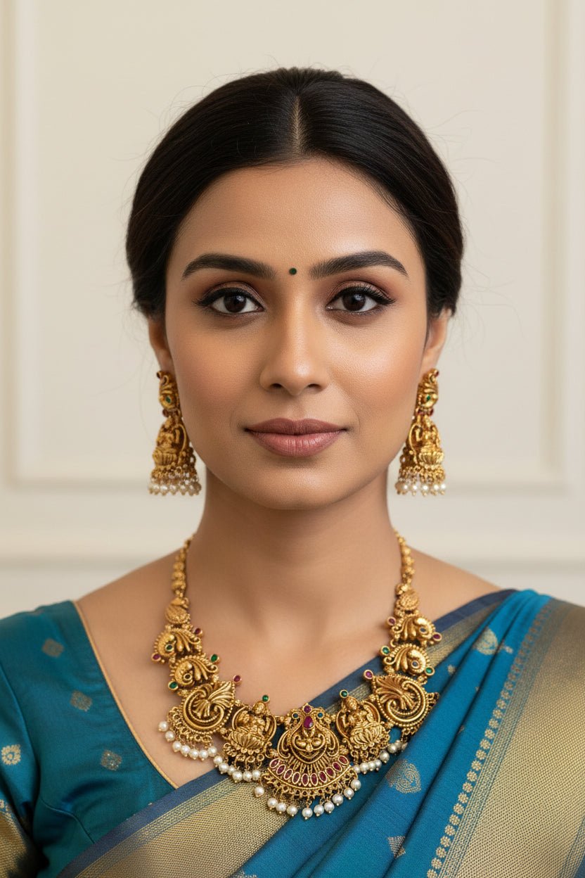 Heavy Lakshmi set earrings by SOL BY SMITHA featuring mango green drops, red drops, and white drops jewelry.