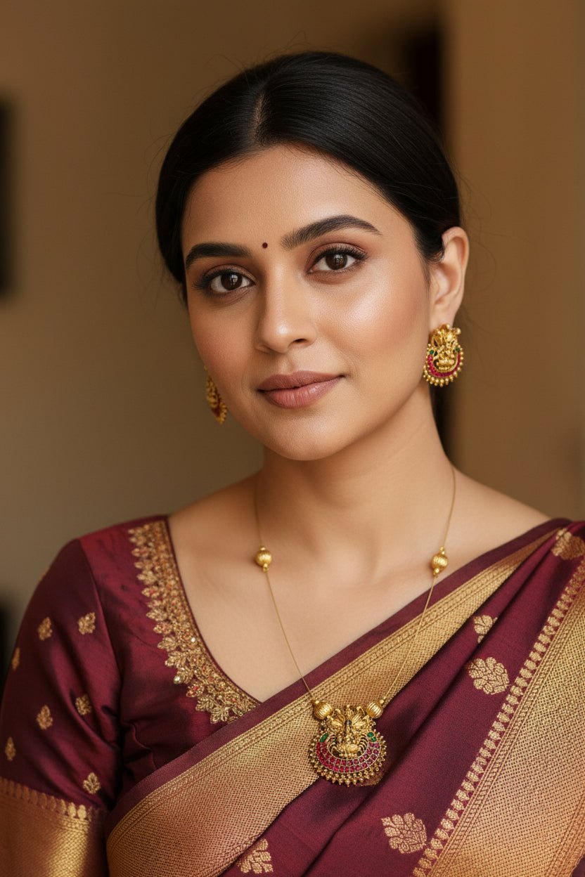 Invisible Nagalakshmi green and red pendant necklace by SOL BY SMITHA with intricate design visible on a white background.