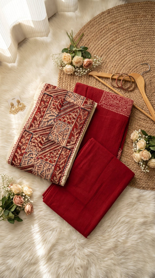 Kalamkari yoke unstitch suit by SOL BY SMITHA featuring intricate hand-painted traditional fabric and detailed yoke design.