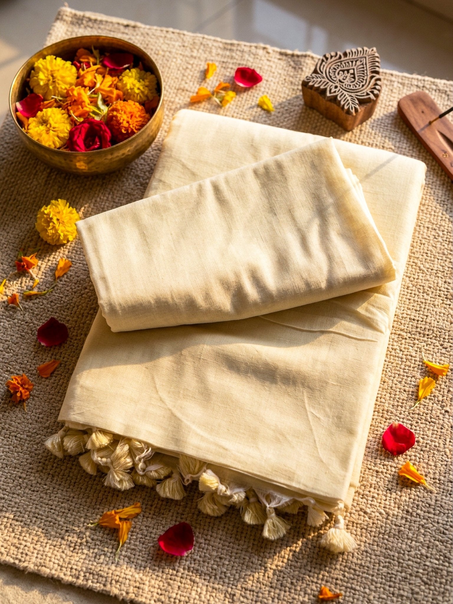 Khadi Cotton Saree – Soft Ivory Handwoven Cotton Saree with Tassels - SOL BY SMITHA