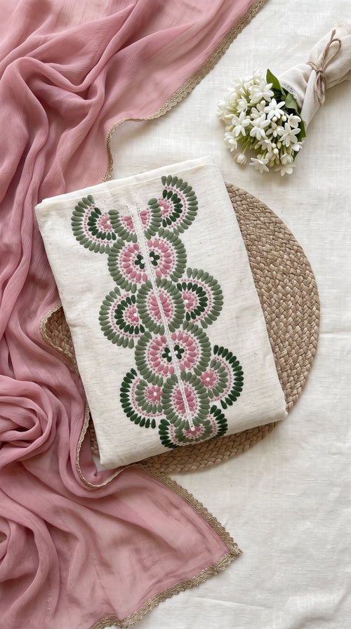 Khadi cotton unstitch suit by SOL BY SMITHA, featuring traditional fabric and intricate detailing, laid flat.