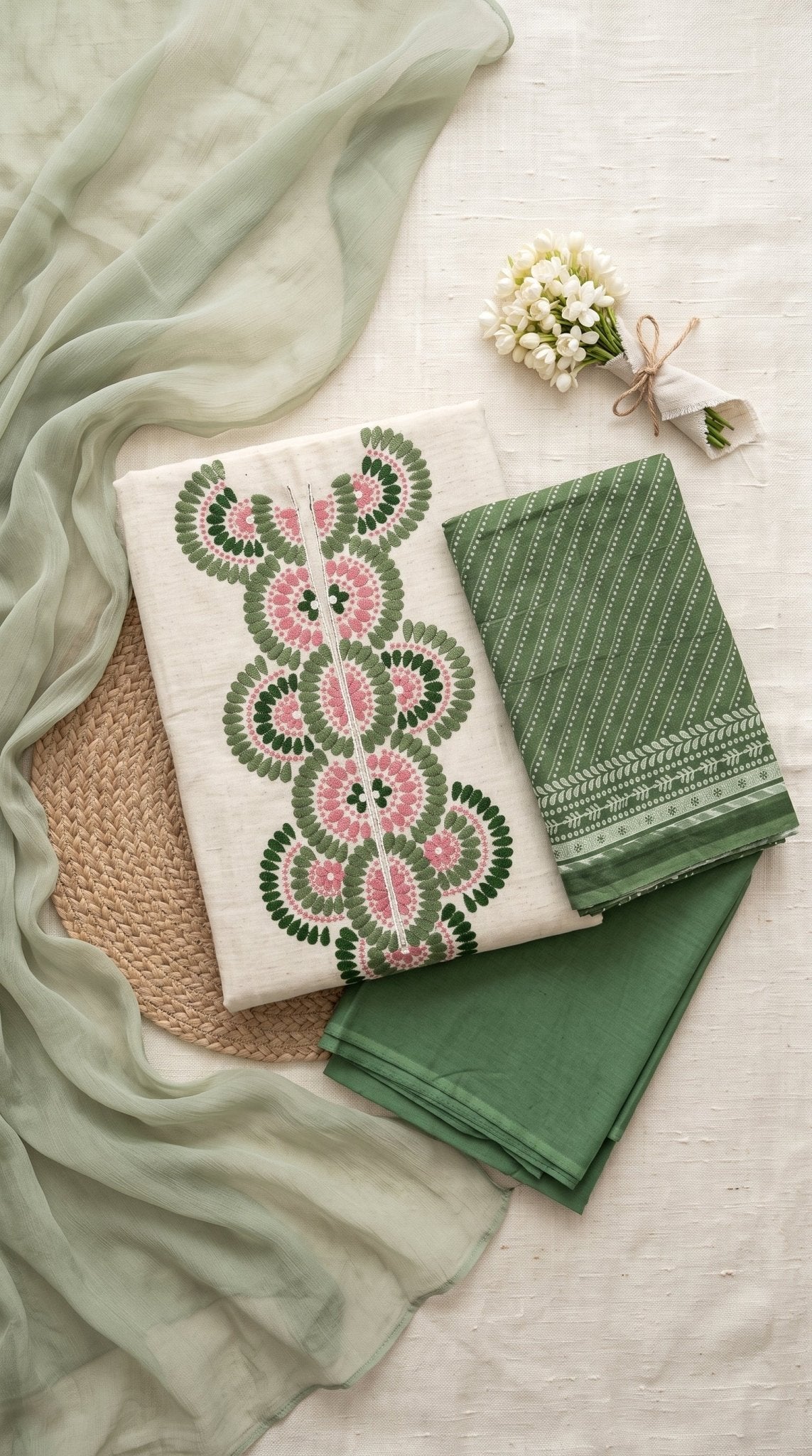 Khadi cotton unstitch suit by SOL BY SMITHA featuring traditional fabric and neutral tones, displayed flat.
