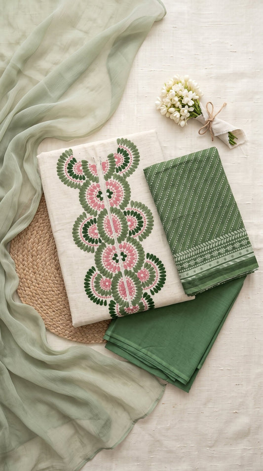 Khadi cotton unstitch suit by SOL BY SMITHA featuring traditional fabric and neutral tones, displayed flat.