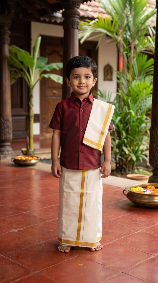 Kids Onam semi-silk Mundu set by SOL BY SMITHA, traditional Kerala Onam dress with colorful, festive fabric and intricate design.