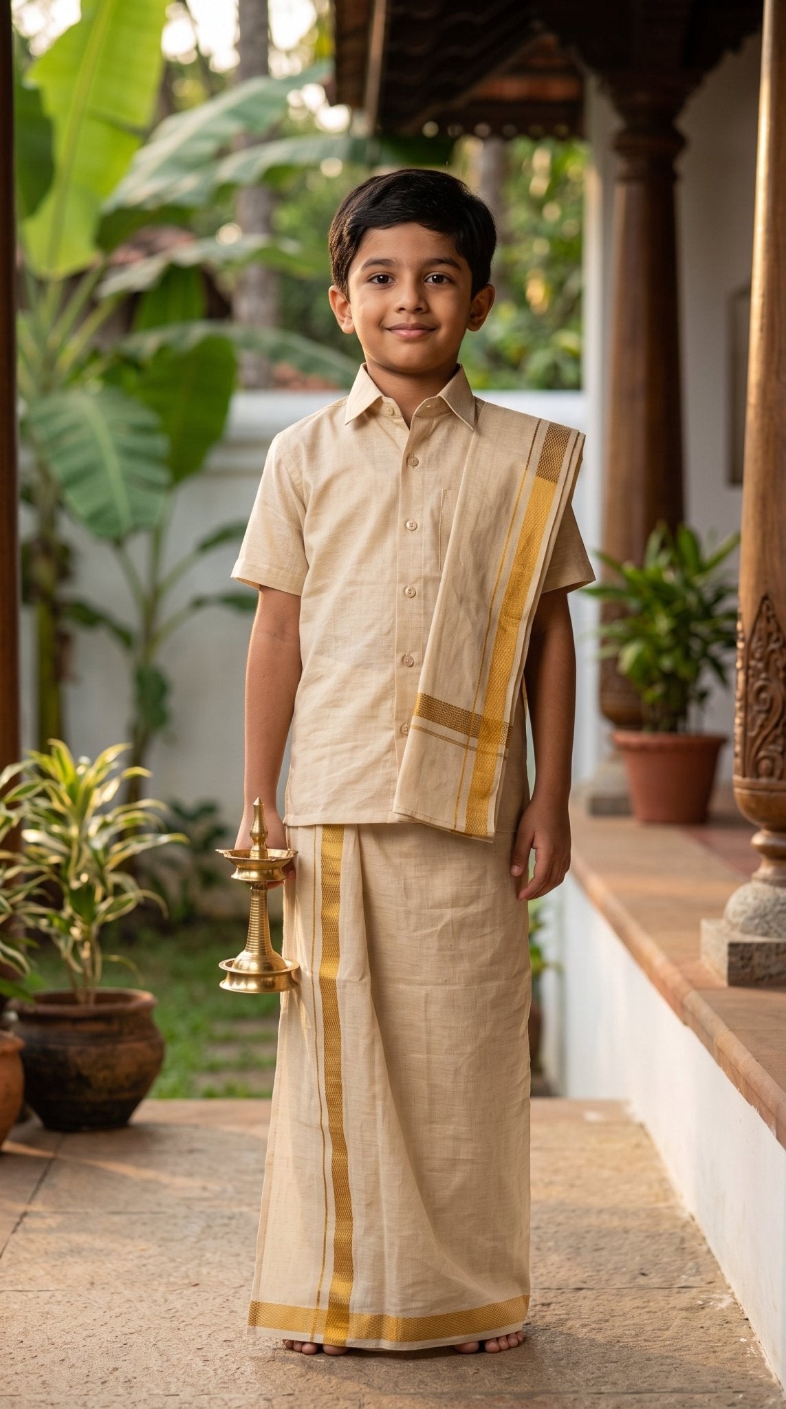 Kids Onam semi-silk Mundu set by SOL BY SMITHA, traditional Kerala Onam dress for children, featuring a colorful set Mund.
