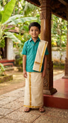 Kids Onam semi-silk Mundu set by SOL BY SMITHA, traditional Kerala Onam dress with vibrant design and comfortable fabric.