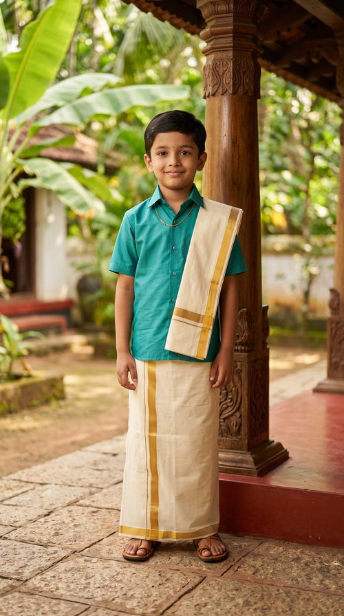 Kids Onam semi-silk Mundu set by SOL BY SMITHA, traditional Kerala Onam dress with vibrant design and comfortable fabric.