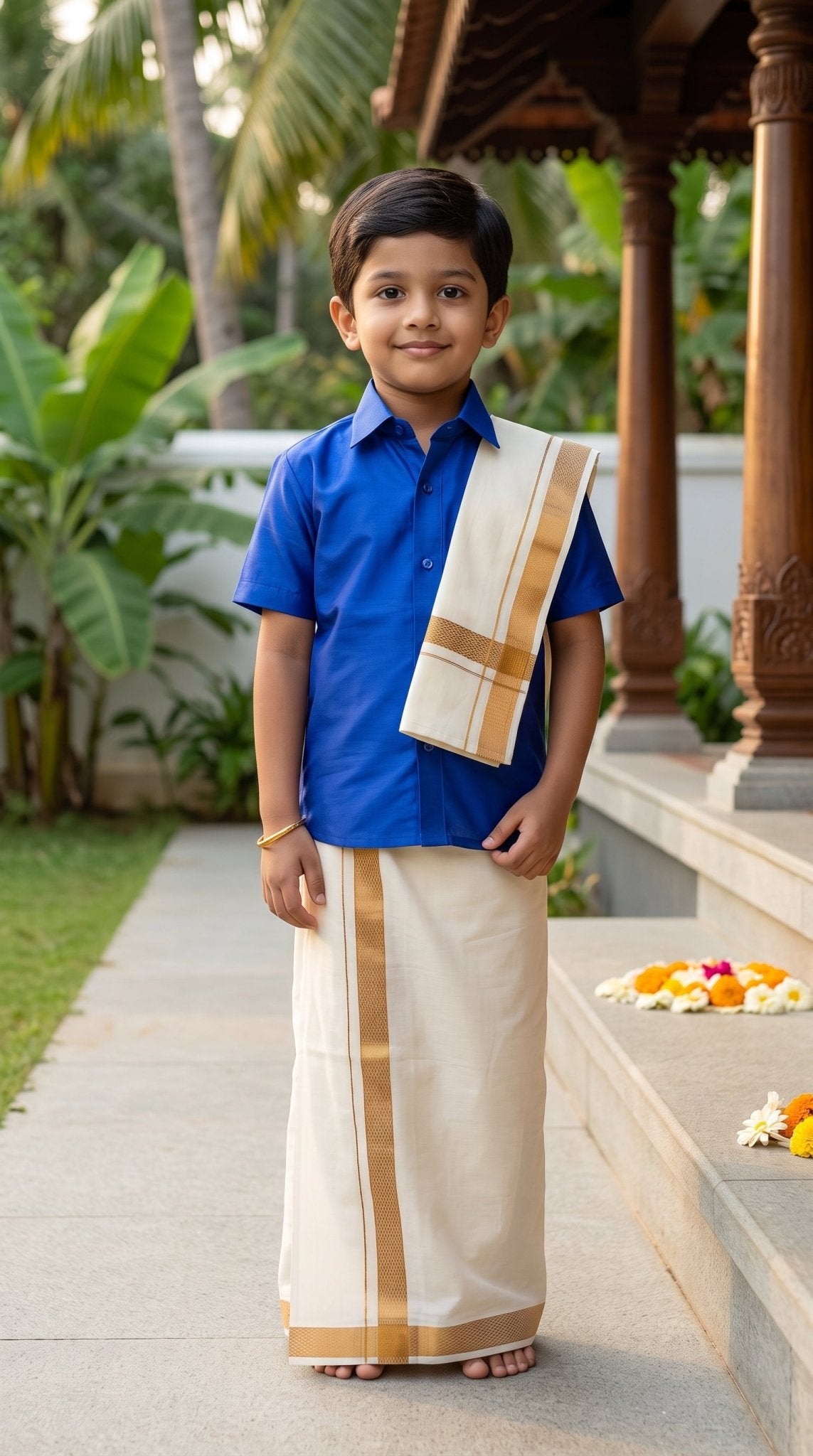 Kids Onam semi-silk Mundu set by SOL BY SMITHA, traditional Kerala Onam dress for children with vibrant patterns and soft fabric.