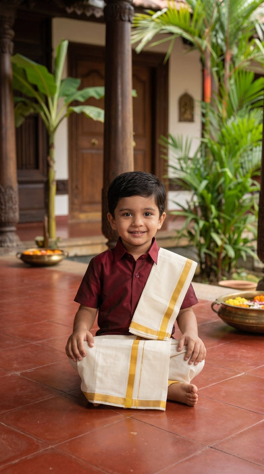 Kids Onam semi-silk Mundu set from SOL BY SMITHA, traditional Kerala Onam dress with vibrant design for children.