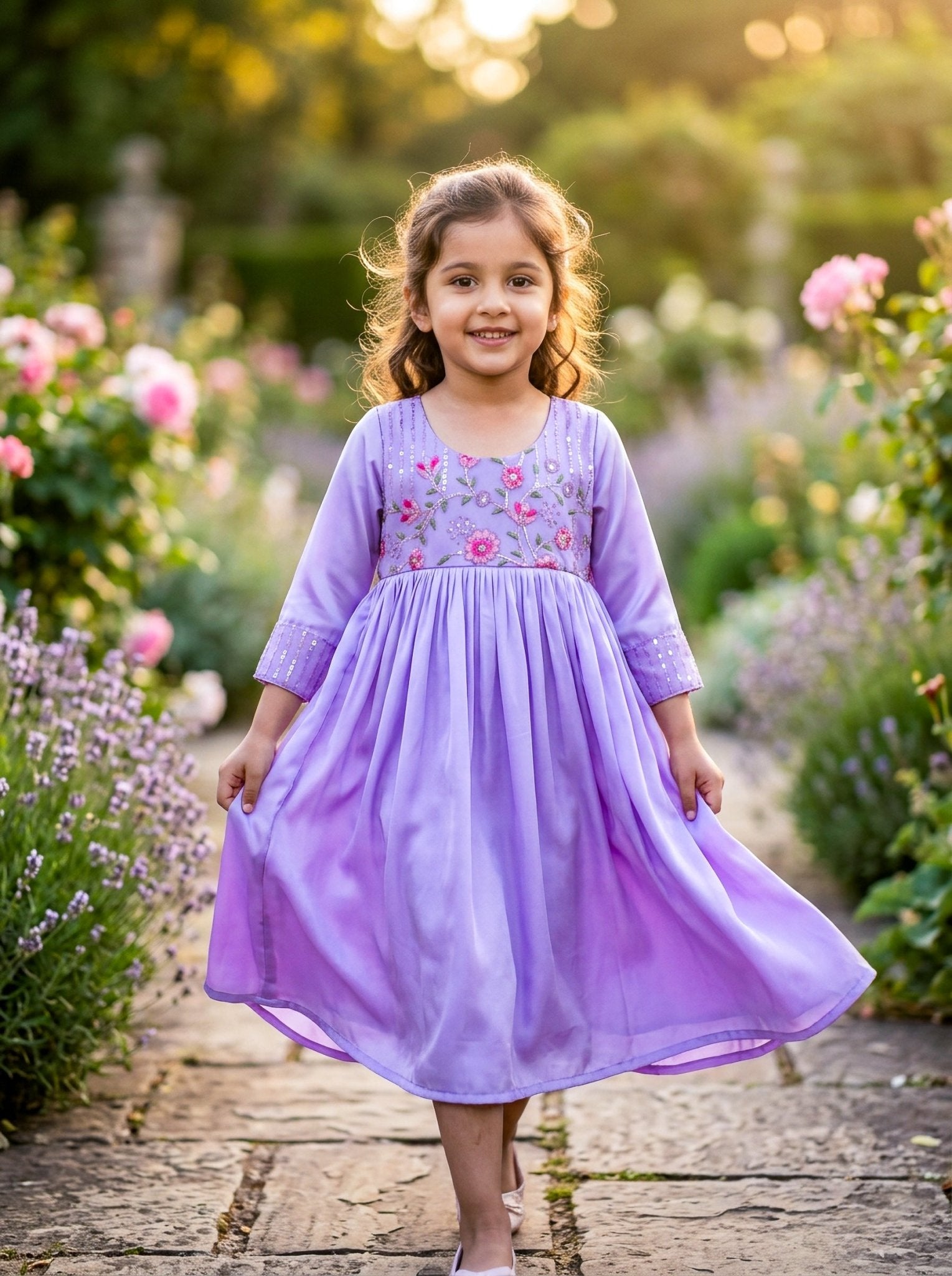 Lavender Embroidered Girls Dress | Elegant Flowy Party Dress for Kids - SOL BY SMITHA