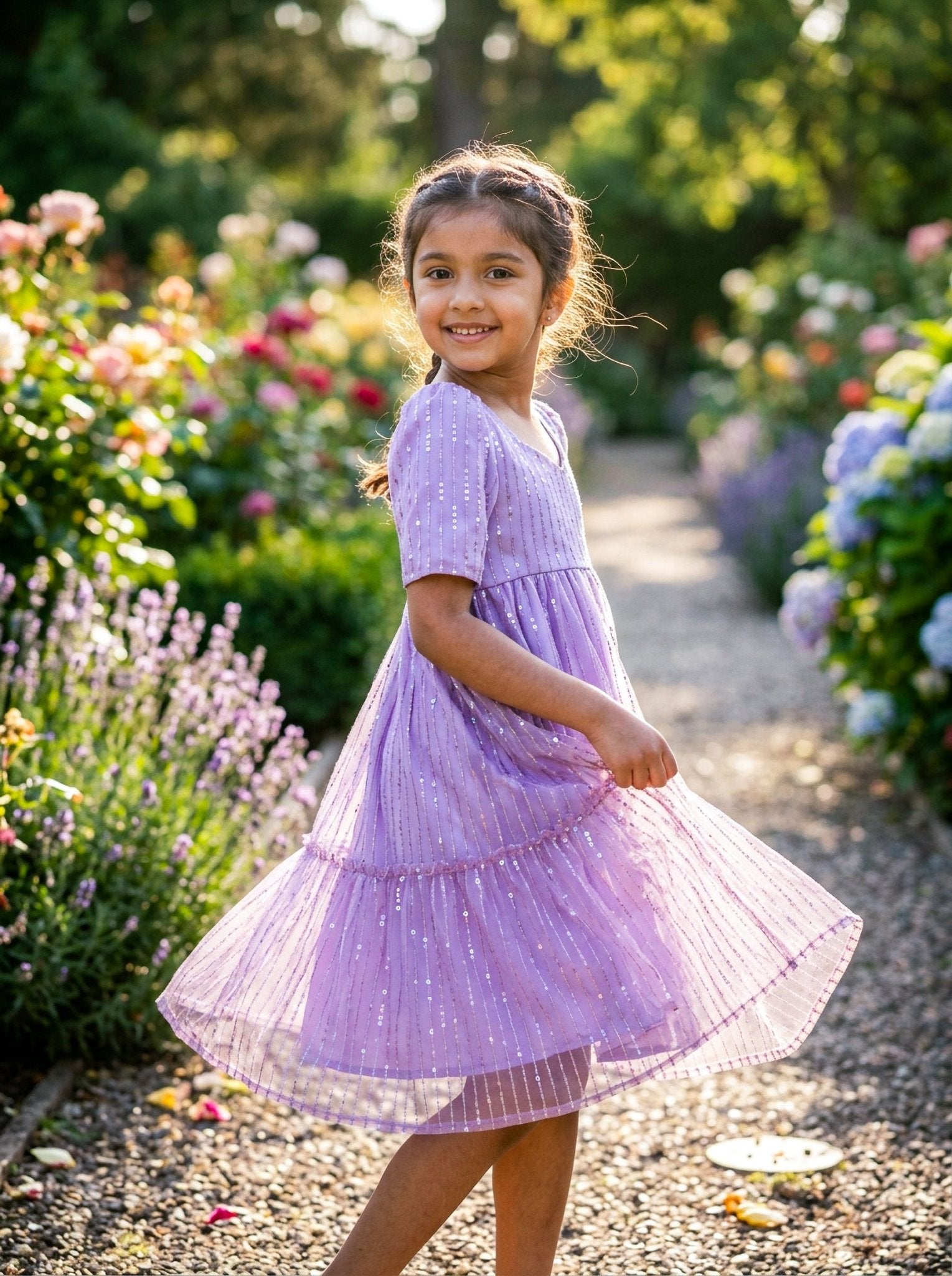 Lavender Shimmer Party Frock for Girls | Elegant Layered Kids Dress - SOL BY SMITHA