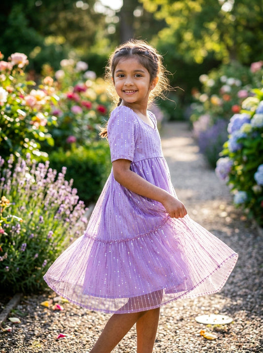 Lavender Shimmer Party Frock for Girls | Elegant Layered Kids Dress - SOL BY SMITHA