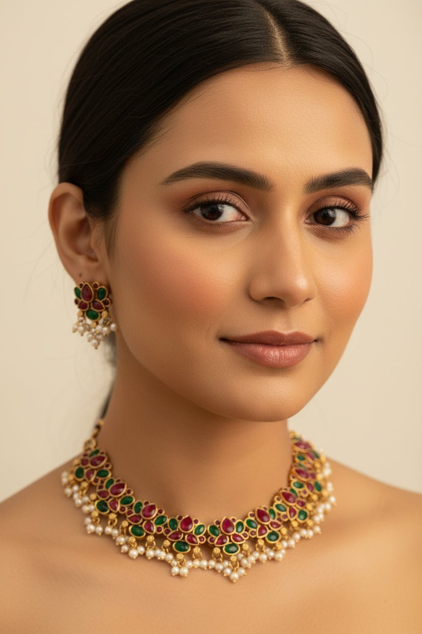 Allover red and green lotus pattern fabric by SOL BY SMITHA, showcasing vibrant floral design and detailed print.