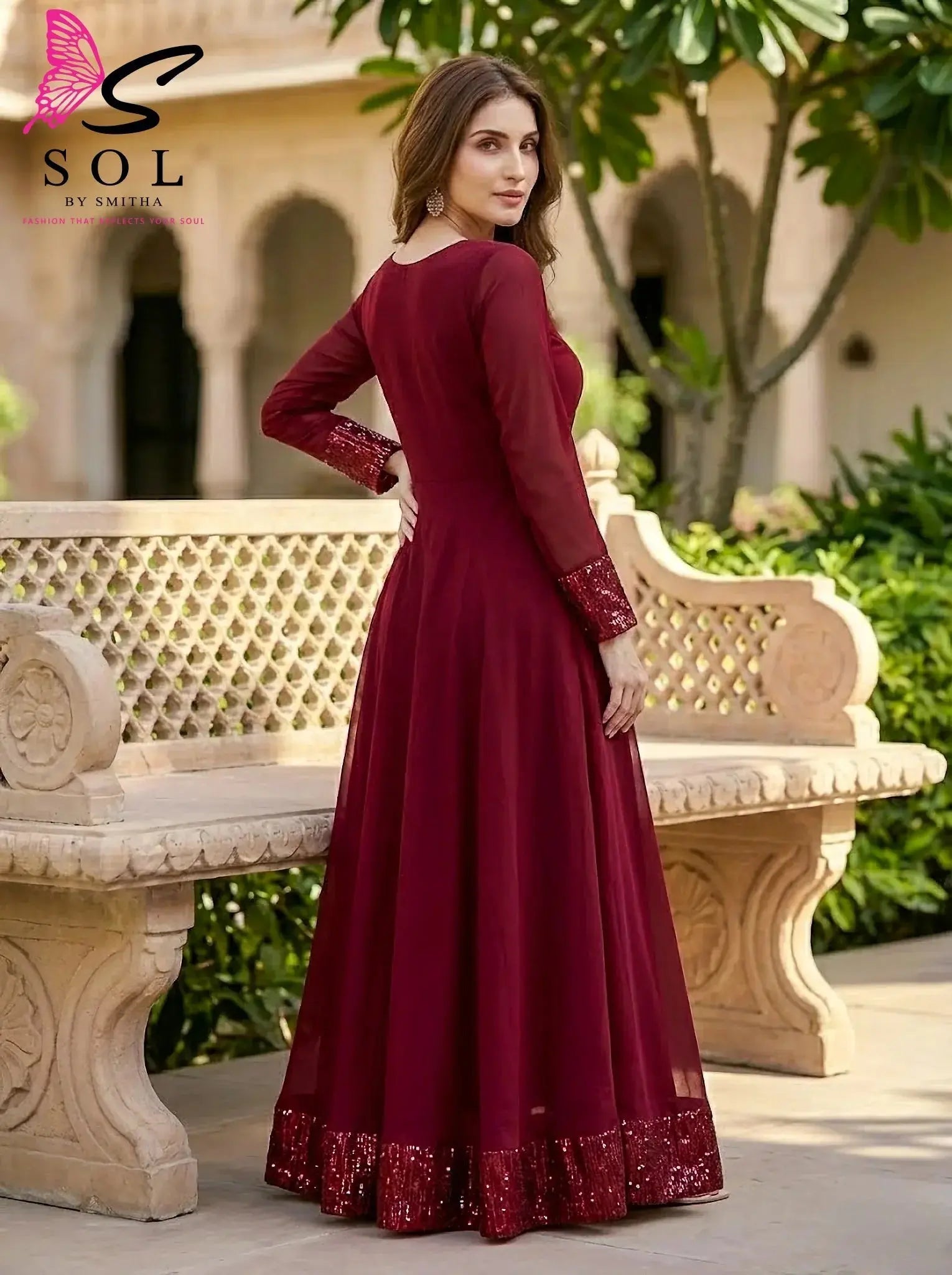 Maroon ready-to-wear gown saree with sequin border and long sleeves by Sol By Smitha Dubai
