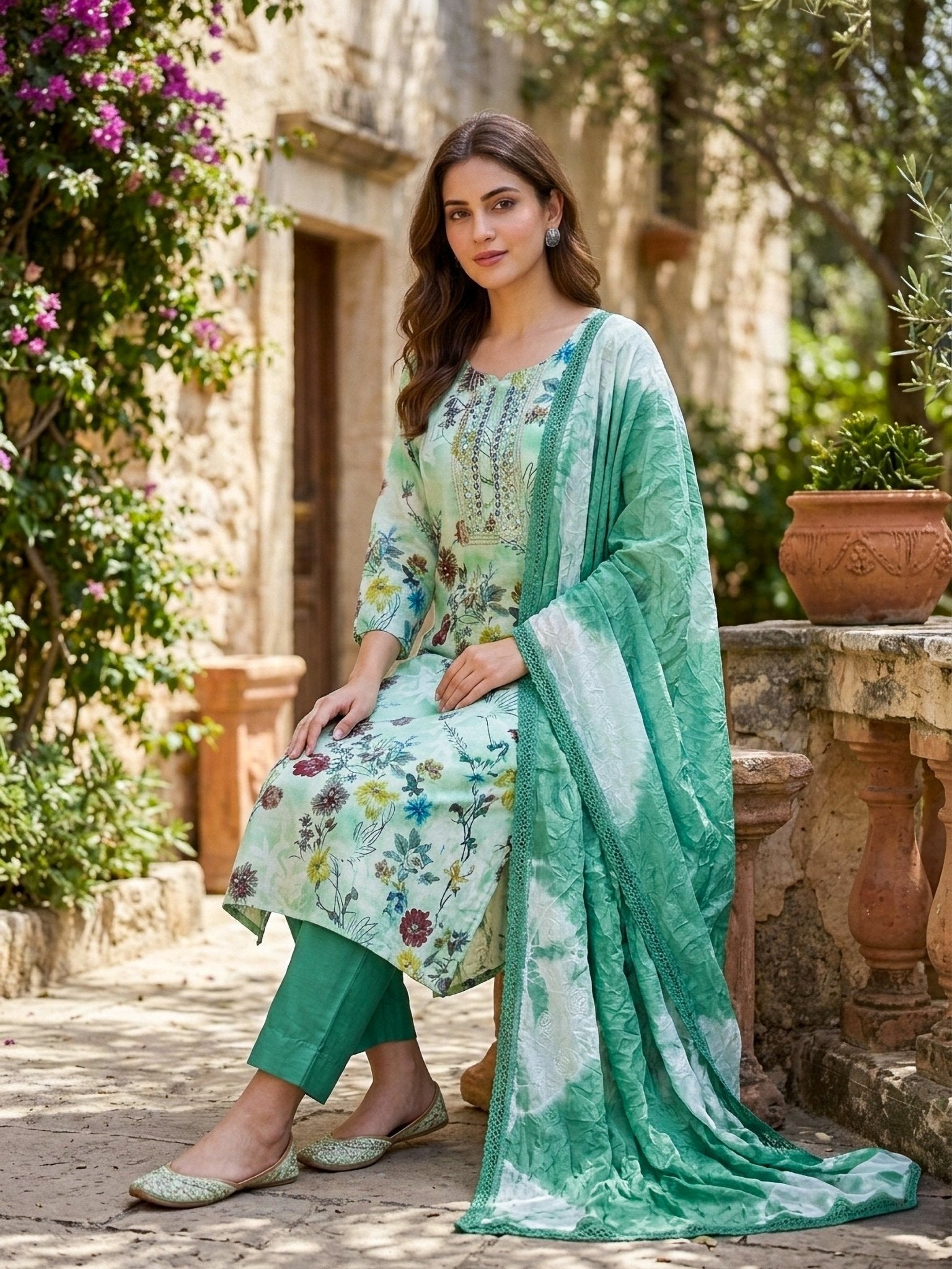Mint Green Floral Cotton Blend 3 - Piece Suit Set | Elegant Women’s Ethnic Wear - SOL BY SMITHA