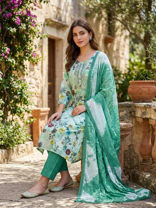 Mint Green Floral Cotton Blend 3 - Piece Suit Set | Elegant Women’s Ethnic Wear - SOL BY SMITHA