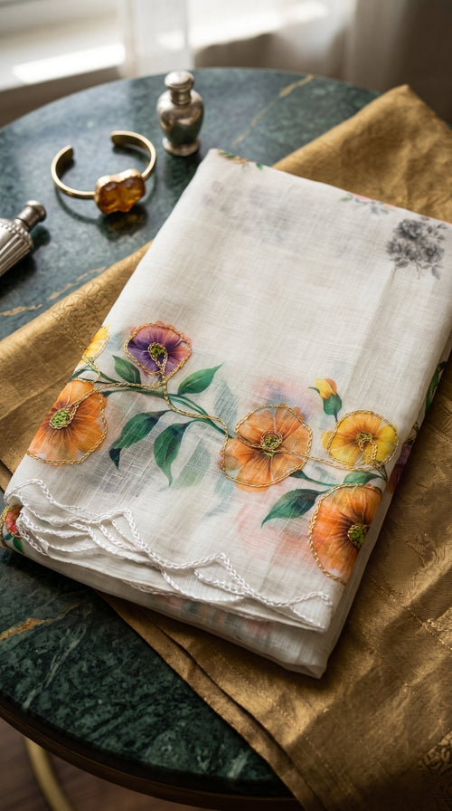 Light beige muslin cotton saree from SOL BY SMITHA with delicate handwoven details and traditional drape.