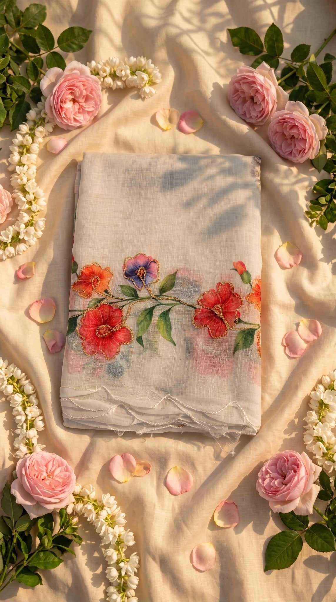Light beige muslin cotton saree from SOL BY SMITHA featuring intricate traditional embroidery and a flowing, elegant drape.
