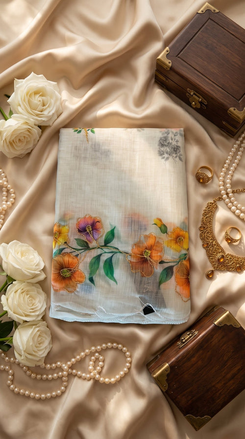 Light beige Muslin Cotton Saree from SOL BY SMITHA with intricate weave and soft texture, draped elegantly.