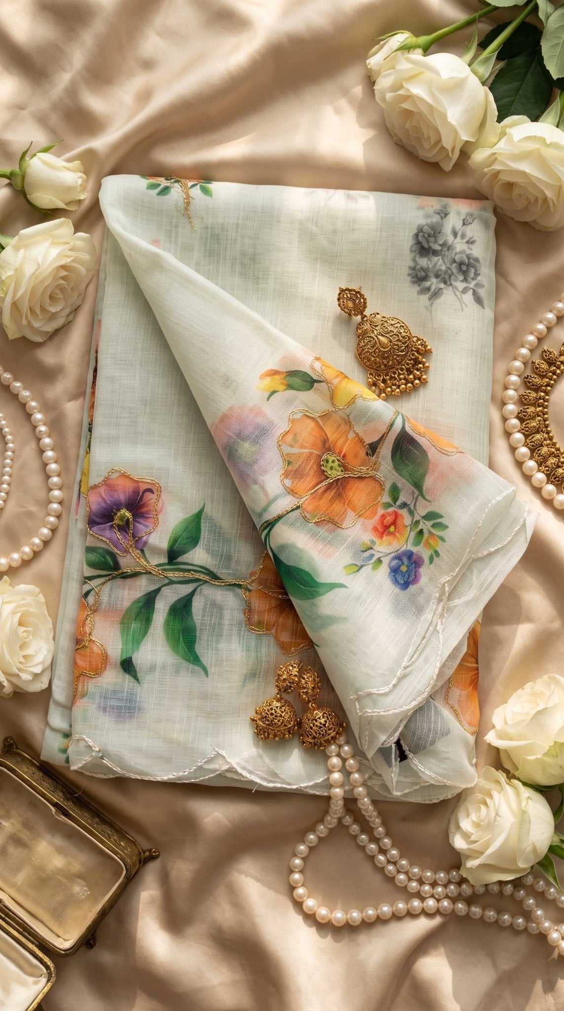 Light beige Muslin Cotton Saree by SOL BY SMITHA featuring delicate traditional patterns and soft, breathable fabric.